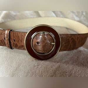 VTG Brown Genuine Leather Belt Large Round Buckle Brass Accent Size M 90s Style